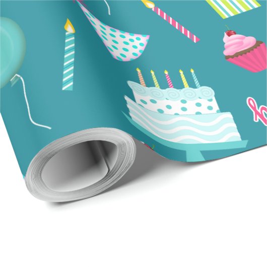 Happy Birthday Cake Balloons Candles Cadeaus Aqua Cadeaupapier (Rol Hoek)