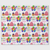 Happy Birthday Cake Balloons Naam toevoegen Girl's Cadeaupapier (Vlak)