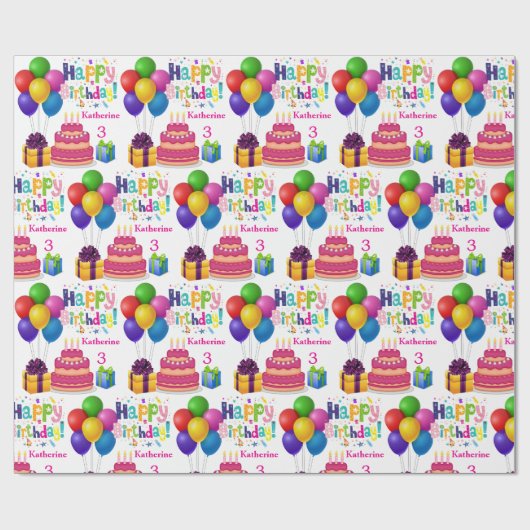 Happy Birthday Cake Balloons Naam toevoegen Girl's Cadeaupapier (Vlak)