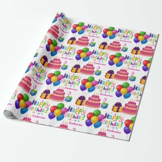 Happy Birthday Cake Balloons Naam toevoegen Girl's Cadeaupapier (Uitgerold)