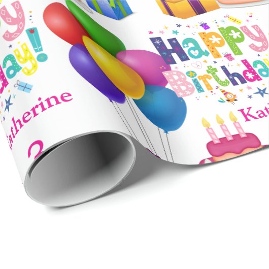 Happy Birthday Cake Balloons Naam toevoegen Girl's Cadeaupapier (Rol Hoek)