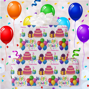 Happy Birthday Cake Balloons Naam toevoegen Girl's Cadeaupapier