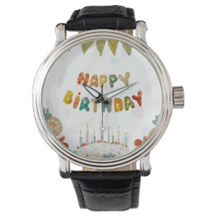 Happy Birthday cake bloem schattig kleurrijk eenvo Horloge