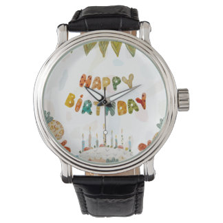 Happy Birthday cake bloem schattig kleurrijk eenvo Horloge