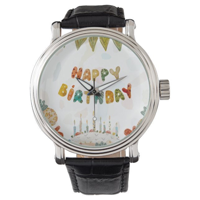 Happy Birthday cake bloem schattig kleurrijk eenvo Horloge (Voorkant)