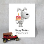 Happy Birthday Cake Candle Cute Funny Dog Puppy Briefkaart<br><div class="desc">Dit Happy Birthday Briefkaart toont de illustratie van de cartoon van de schattige grijze Puppy. De kleine hond houdt een mooie Birthday Cake bij de verlichte kaars. Geweldig briefkaart om iedereen te sturen, vooral als ze of hij een hondenliefhebber is. Pas de tekst aan de onderkant van de kaart aan...</div>