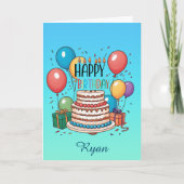 Happy Birthday Cake en ballonnen op Ombre Blue Kaart (Voorkant)
