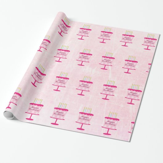 Happy Birthday Cake Gift Wrap Roze Cadeaupapier (Uitgerold)