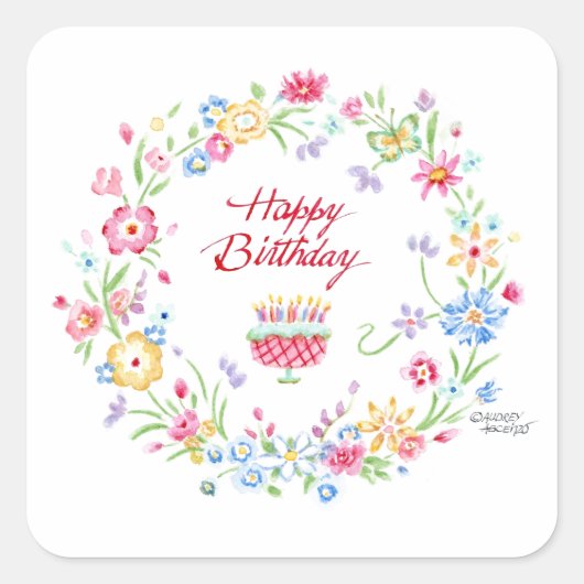 Happy Birthday Cake Meadow Flower Wreath Stickers (Voorkant)