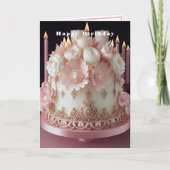 Happy Birthday Cake met roze kaarsen en bloemen Kaart (Voorkant)