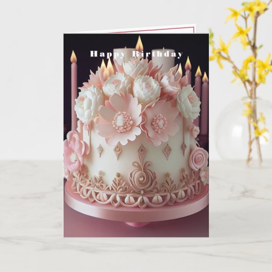 Happy Birthday Cake met roze kaarsen en bloemen Kaart (Gele Bloem)