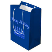 Happy Birthday Cake Neon Blue Sign Text en Cake Medium Cadeauzakje (Achterkant Gekanteld)