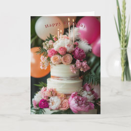 Happy Birthday Cake Pink Peonies Roses Feathers  Kaart
