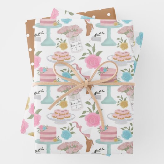 Happy Birthday Cake Roos Flower and Spotty Pattern Inpakpapier Vel (In situ)