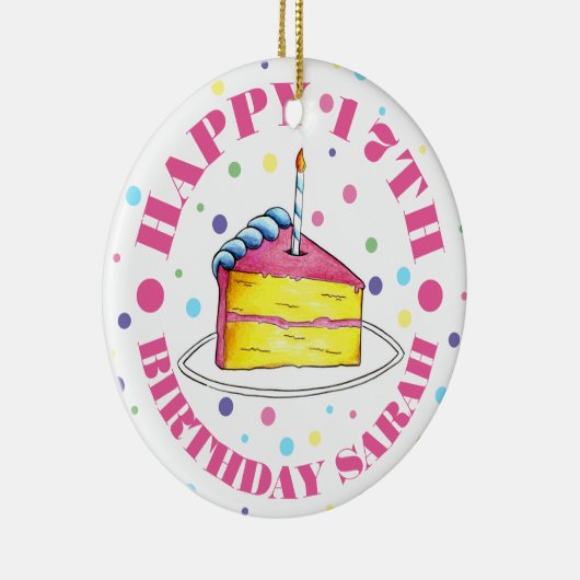 Happy Birthday Cake Slice Candle Pastel Polka Dots Keramisch Ornament (Rechts)