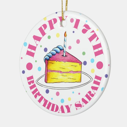 Happy Birthday Cake Slice Candle Pastel Polka Dots Keramisch Ornament (Links)