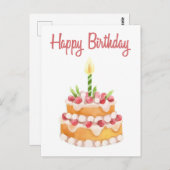 Happy Birthday Cake | Waterverf aardbei Briefkaart (Voorkant / Achterkant)