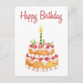 Happy Birthday Cake | Waterverf aardbei Briefkaart