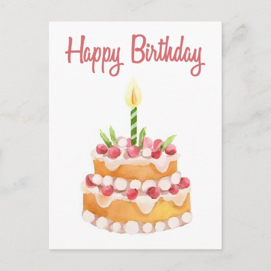Happy Birthday Cake | Waterverf aardbei Briefkaart (Voorkant)