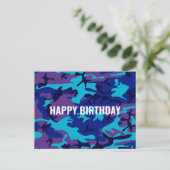 Happy Birthday Camouflage Donkerblauw & Paarse Briefkaart (Staand voorkant)