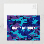 Happy Birthday Camouflage Donkerblauw & Paarse Briefkaart (Voorkant / Achterkant)