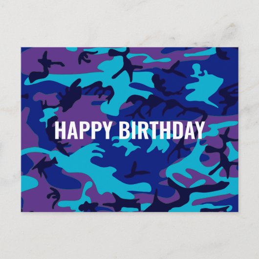Happy Birthday Camouflage Donkerblauw & Paarse Briefkaart (Voorkant)