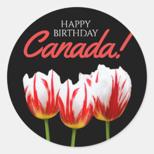 Happy Birthday Canada Day Maple Leaf Tulips Ronde Sticker