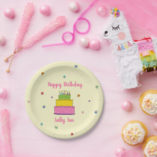 Happy Birthday Candle Kleurrijke Cake Confetti Par Papieren Bordje