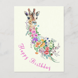 Happy Birthday Card Colorful Flowers Giraffe Briefkaart