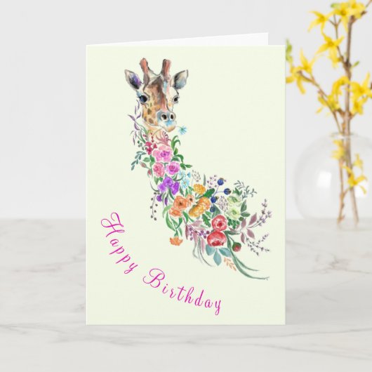 Happy Birthday Card Colorful Flowers Giraffe Kaart (Gele Bloem)