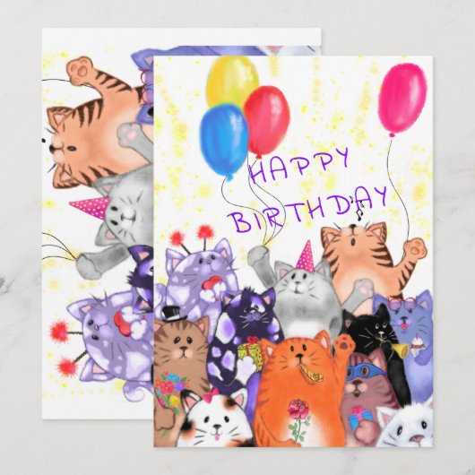 Happy Birthday Card Happy Cat Party Celebration (Voorkant / Achterkant)