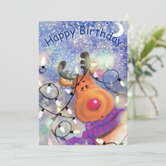 Happy Birthday Card Happy Reindeer - Kerstmis Kaart (Staand voorkant)