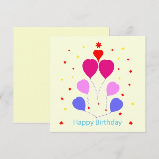 Happy Birthday Card Heart Shaped Balloons Stars (Voorkant / Achterkant)