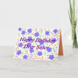 Happy Birthday Card Sister Kaart<br><div class="desc">Volledig aanpasbaar,  personaliseer het,  voeg naam toe,  verander relatie,  bericht.  blauwe,  paarse en oranje bloemen en stippen.</div>