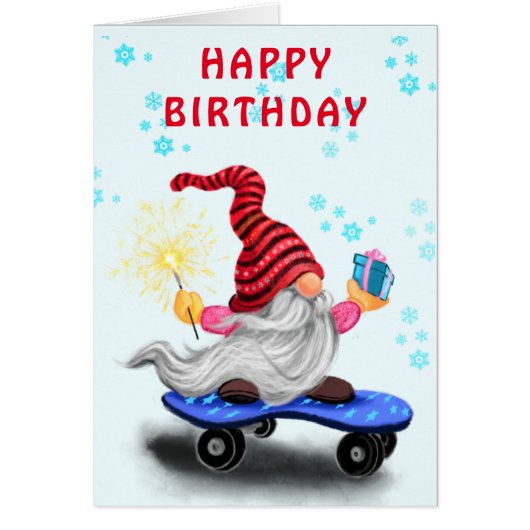 Happy Birthday Card Skater Gnome met Gifts (Voorkant)
