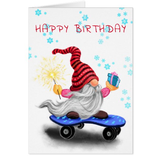 Happy Birthday Card Skater Gnome met Gifts (Voorkant)
