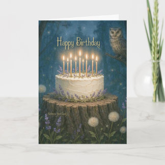 Happy Birthday card with magic forest and owl Kaart
