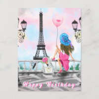 Happy Birthday Card Woman in Paris Eiffel Tower