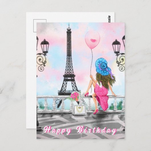 Happy Birthday Card Woman in Paris Eiffel Tower Briefkaart (Voorkant / Achterkant)