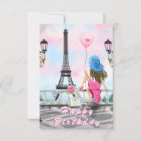 Happy Birthday Card Woman in Paris Eiffel Tower