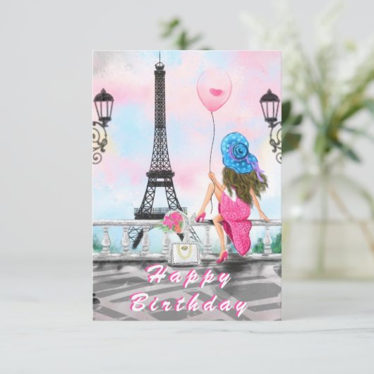 Happy Birthday Card Woman in Paris Eiffel Tower Kaart (Staand voorkant)