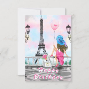 Happy Birthday Card Woman in Paris Eiffel Tower Kaart