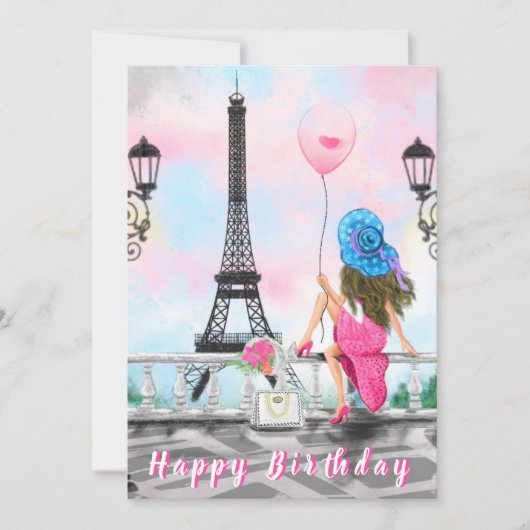 Happy Birthday Card Woman met ballon in Parijs (Voorkant)