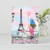 Happy Birthday Card Woman met ballon in Parijs (Staand voorkant)