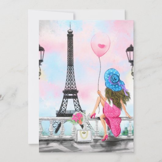 Happy Birthday Card Woman met ballon in Parijs (Achterkant)