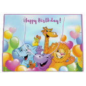 Happy Birthday Cartoon Animals and Balloons Paars Groot Cadeauzakje (Voorkant)