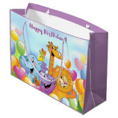 Happy Birthday Cartoon Animals and Balloons Paars Groot Cadeauzakje (Achterkant Gekanteld)