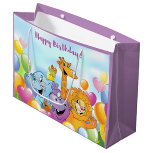 Happy Birthday Cartoon Animals and Balloons Paars Groot Cadeauzakje