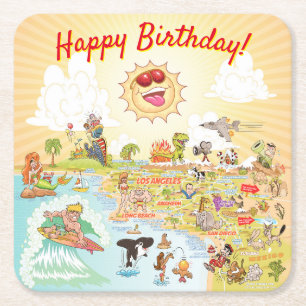 Happy Birthday Cartoon California Square Onderzett Kartonnen Onderzetters