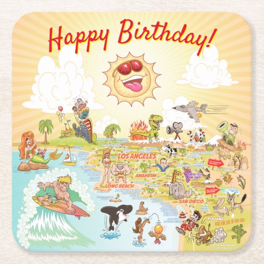 Happy Birthday Cartoon California Square Onderzett Kartonnen Onderzetters (Voorkant)